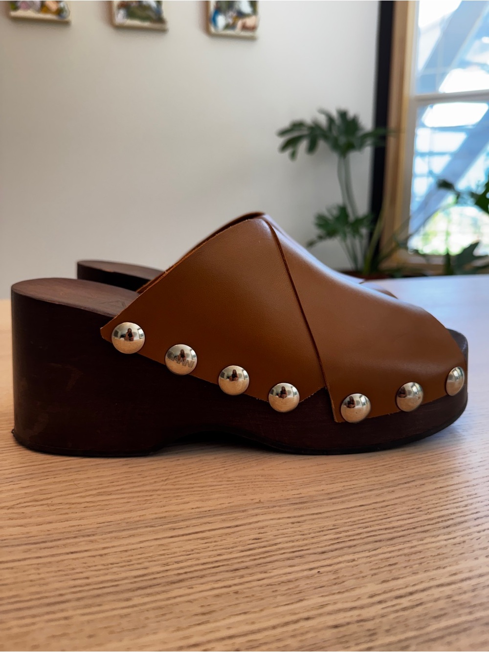 Brown Leather Studded Clog Mule - Women